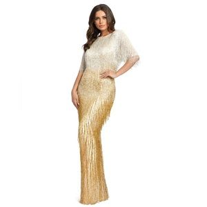 MAC DUGGAL Gold Silver beaded fringe evening gown